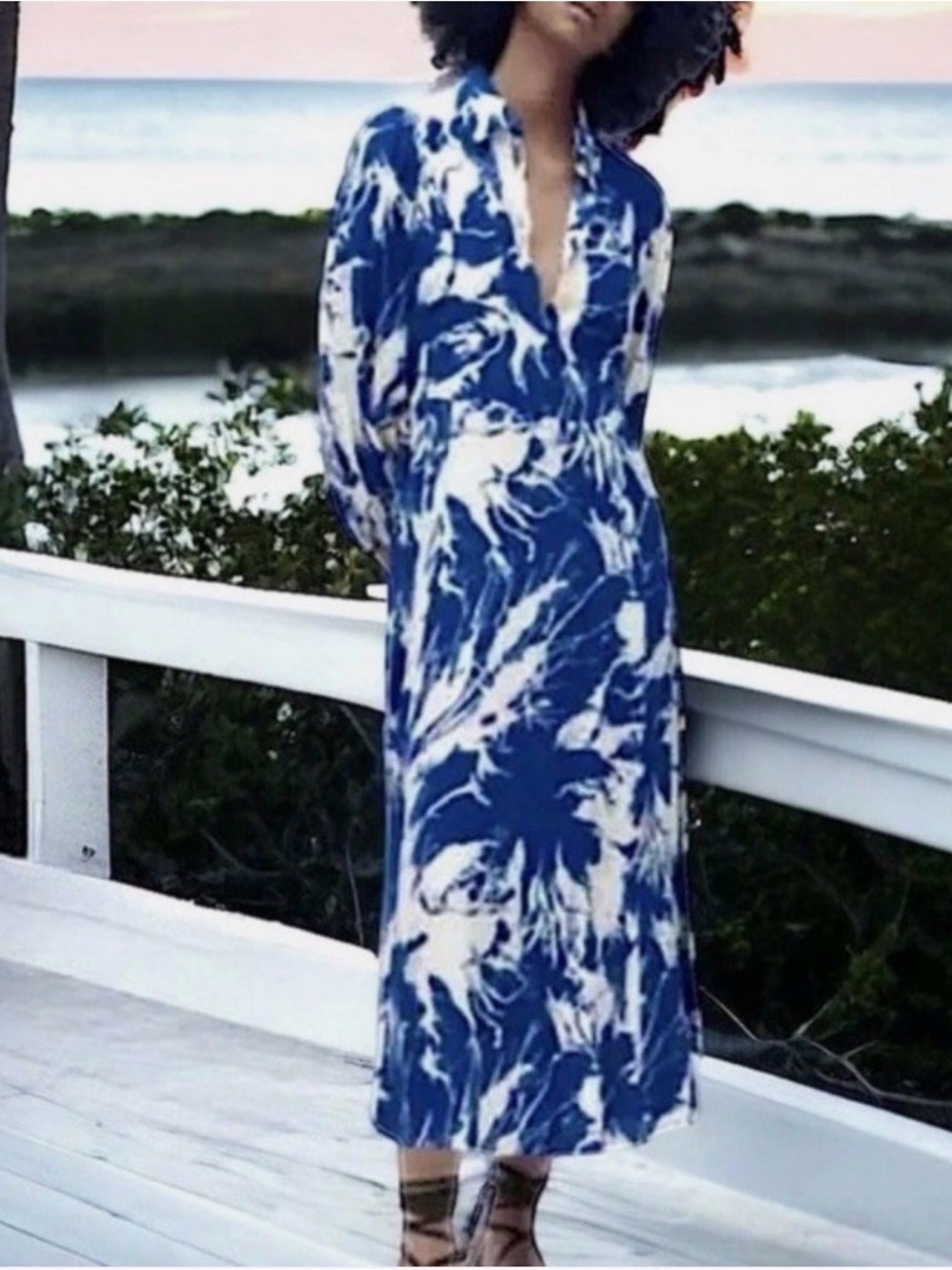 Zara Emilie Belted Midi Maxi Dress Blue Printed SZ XXL Pockets Floral